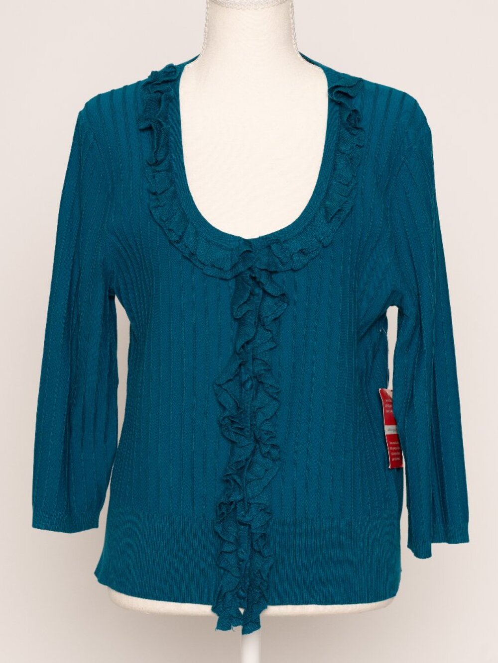 NWT Cable & Gauge Teal Blue Ruffle Ribbed Cardigan Sweater Silk Blend XL Classic